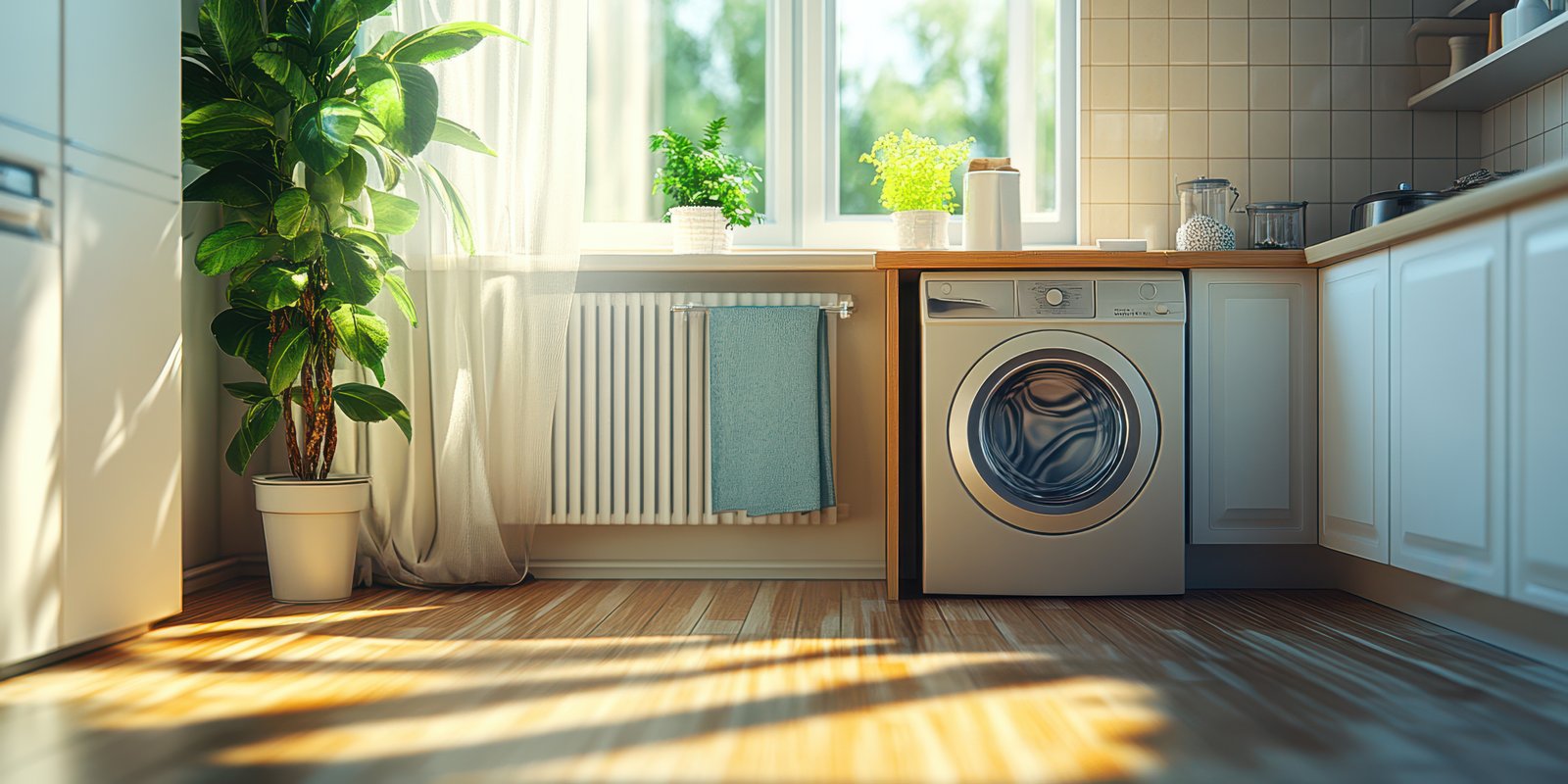 Bright laundry room with plants and modern washing machine in a cozy home setting during daylight hours